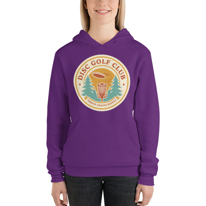 Disc Golf Club retro badge hoodie — Team Purple, on model