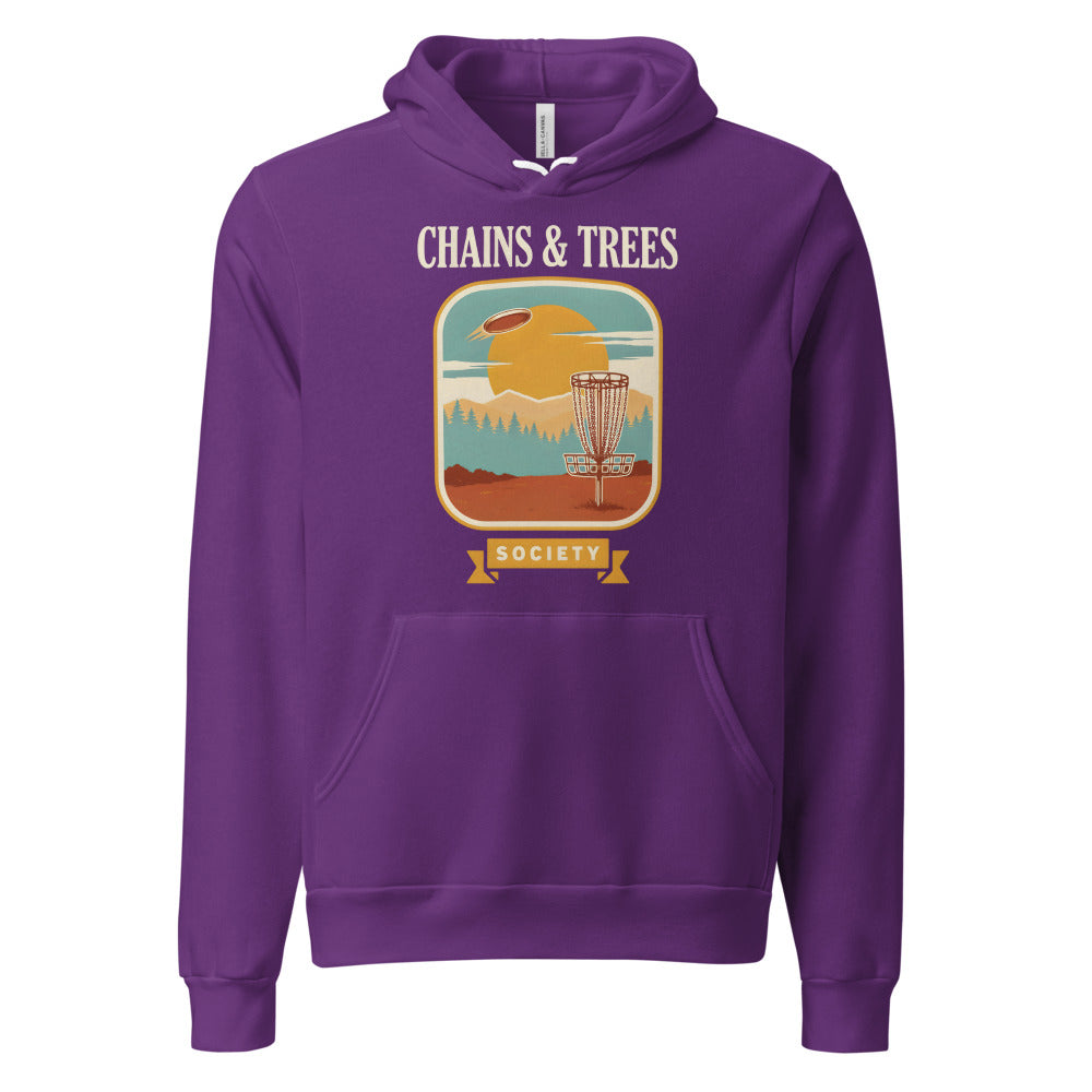 Chains & Trees Society disc golf retro landscape hoodie — Team Purple, front