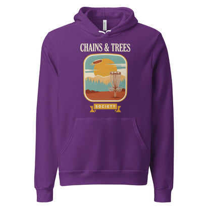 Chains & Trees Society disc golf retro landscape hoodie — Team Purple, front