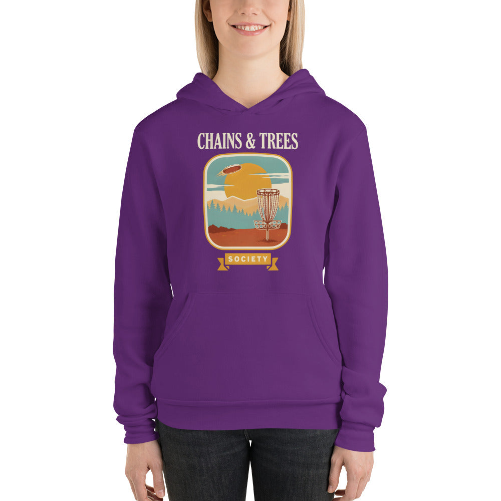 Chains & Trees Society disc golf retro landscape hoodie — Team Purple, on model
