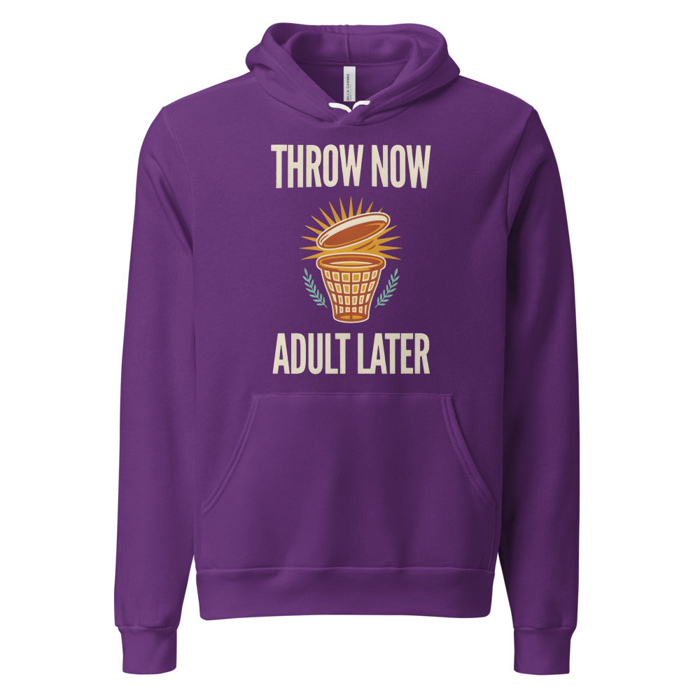 Throw Now Adult Later disc golf retro hoodie — Team Purple, front