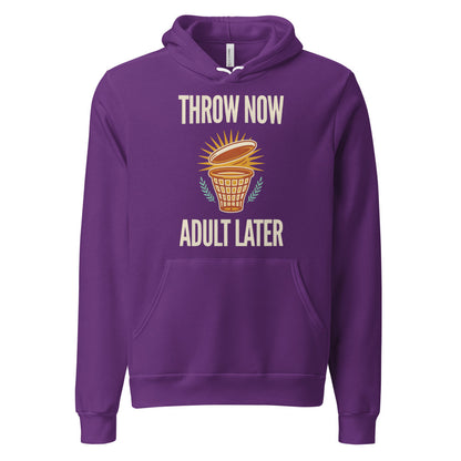 Throw Now Adult Later disc golf retro hoodie — Team Purple, front