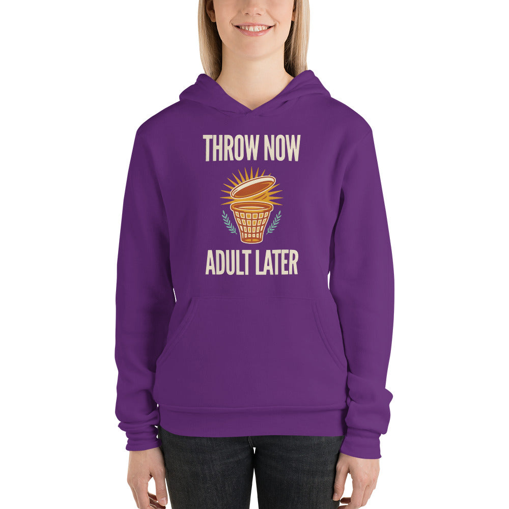 Throw Now Adult Later disc golf retro hoodie — Team Purple, on model