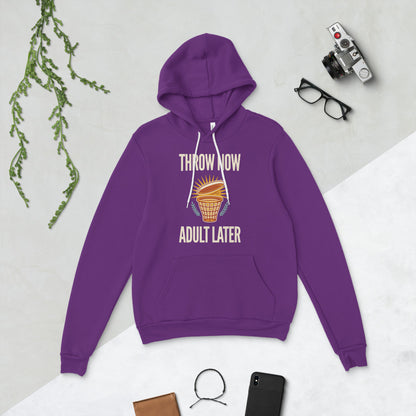 Throw Now Adult Later disc golf retro hoodie — Team Purple, flat lay