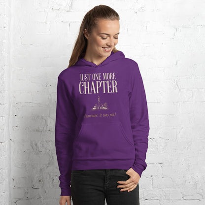 Just One More Chapter book lover dark academia hoodie — Team Purple, on model