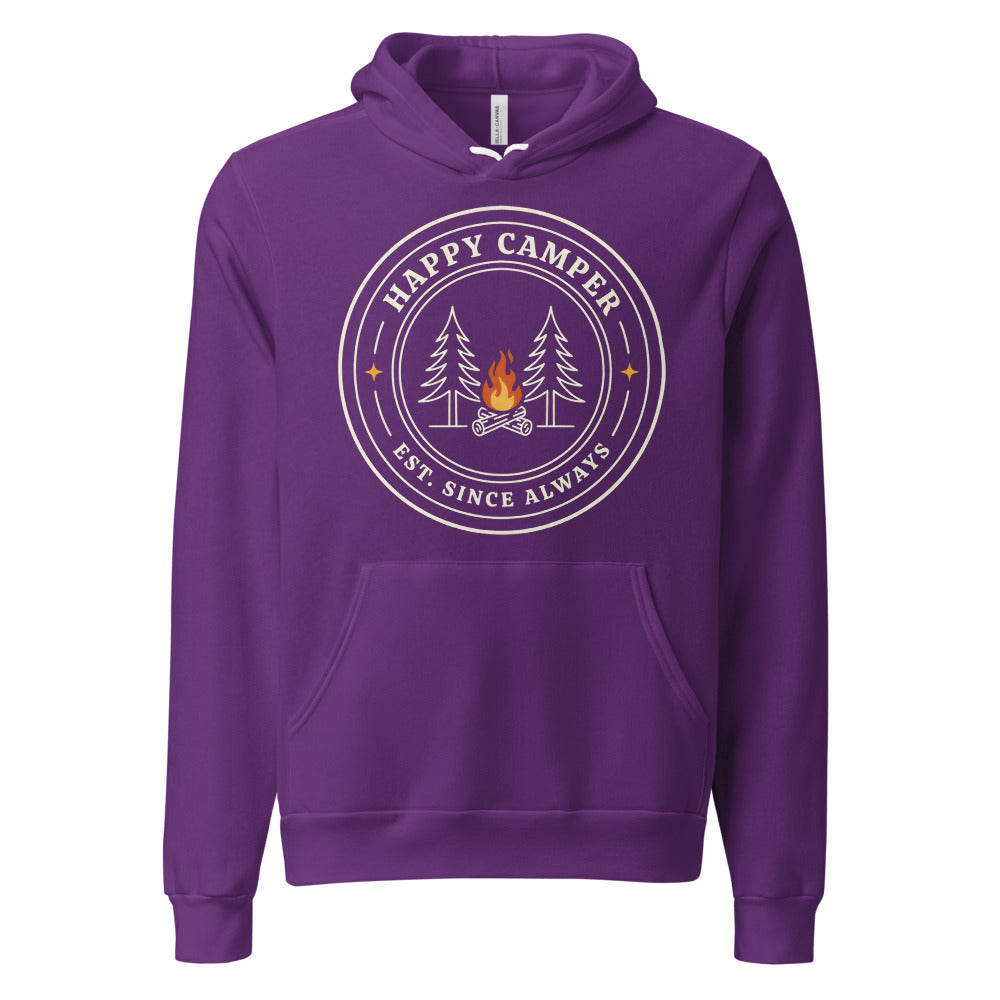 Happy Camper retro camp badge hoodie — Team Purple, front
