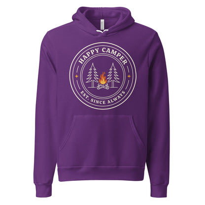 Happy Camper retro camp badge hoodie — Team Purple, front