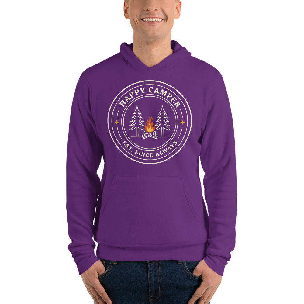 Happy Camper retro camp badge hoodie — Team Purple, on model