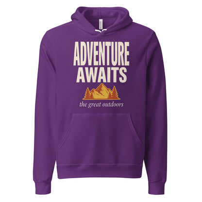 Adventure Awaits retro outdoors typography hoodie — Team Purple, front