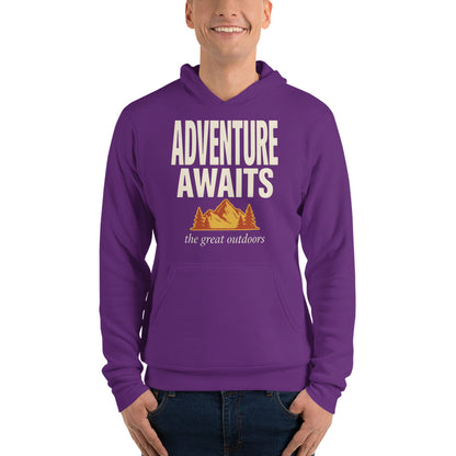 Adventure Awaits retro outdoors typography hoodie — Team Purple, on model