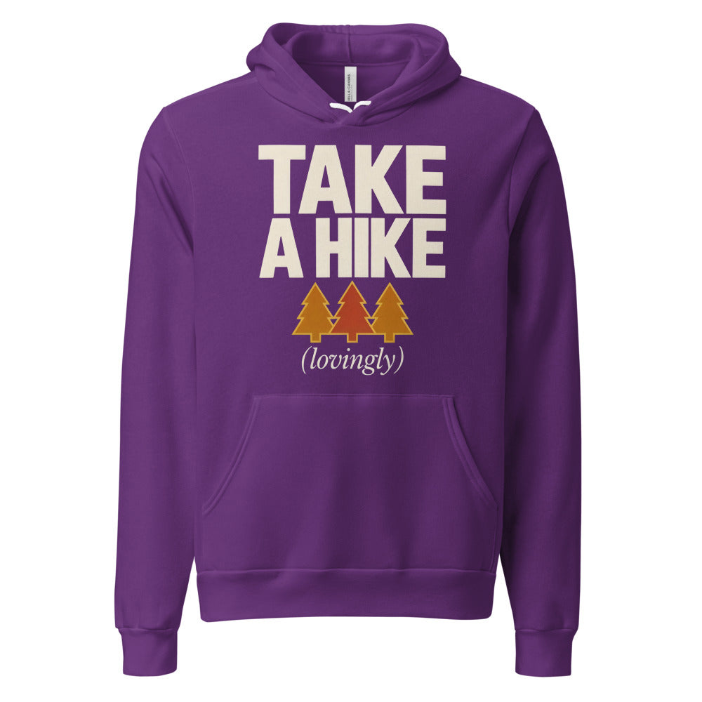 Take a Hike retro outdoors humor typography hoodie — Team Purple, front