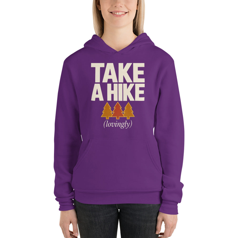 Take a Hike retro outdoors humor typography hoodie — Team Purple, on model