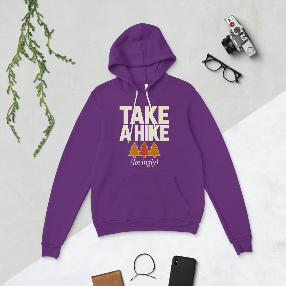 Take a Hike retro outdoors humor typography hoodie — Team Purple, flat lay