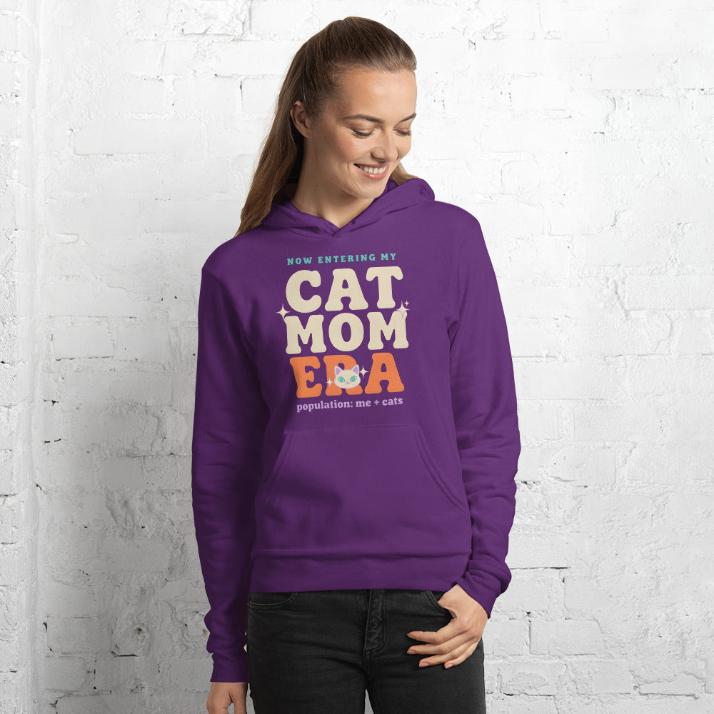 Cat Mom Era retro Y2K hoodie — Team Purple, on model