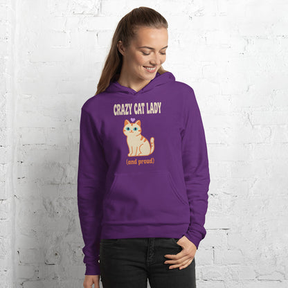Crazy Cat Lady and Proud retro Y2K hoodie — Team Purple, on model