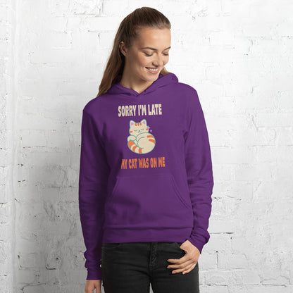 Sorry I'm Late My Cat Was On Me funny cat mom hoodie — Team Purple, on model