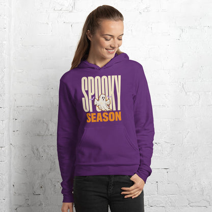 Spooky Season retro Halloween ghost typography hoodie — Team Purple, on model