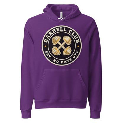Barbell Club No Days Off vintage gym hoodie — Team Purple, front