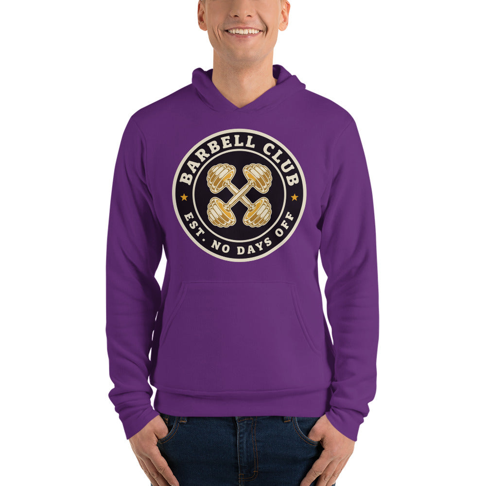 Barbell Club No Days Off vintage gym hoodie — Team Purple, on model