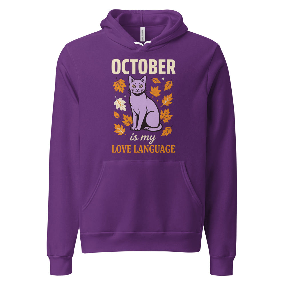 October Is My Love Language retro Halloween black cat hoodie — Team Purple, front