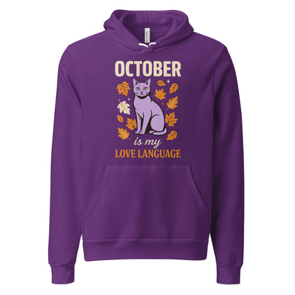 October Is My Love Language retro Halloween black cat hoodie — Team Purple, front