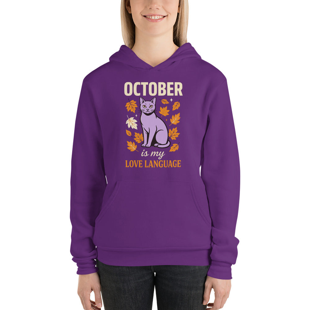 October Is My Love Language retro Halloween black cat hoodie — Team Purple, on model
