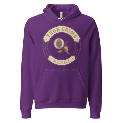 True Crime and Chill vintage case-file badge hoodie — Team Purple, front