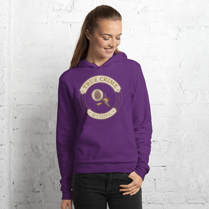 True Crime and Chill vintage case-file badge hoodie — Team Purple, on model