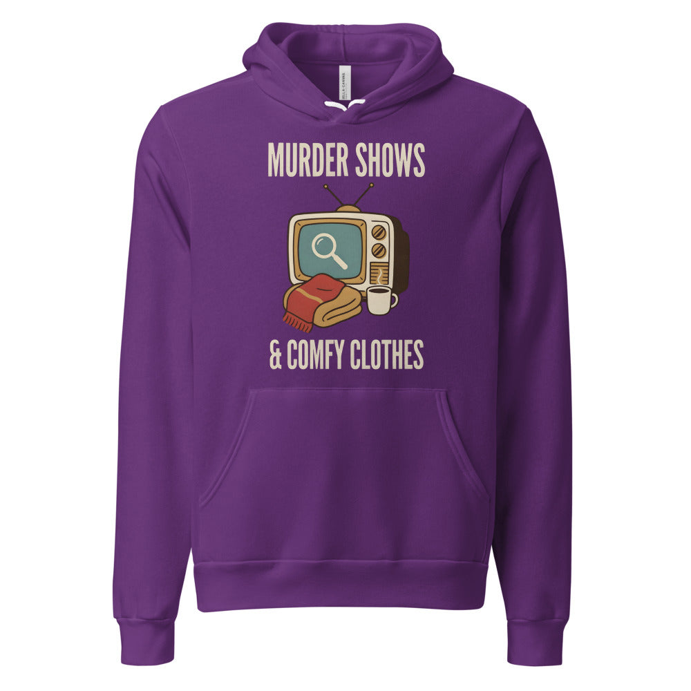 Murder Shows and Comfy Clothes cozy true crime hoodie — Team Purple, front