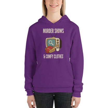 Murder Shows and Comfy Clothes cozy true crime hoodie — Team Purple, on model