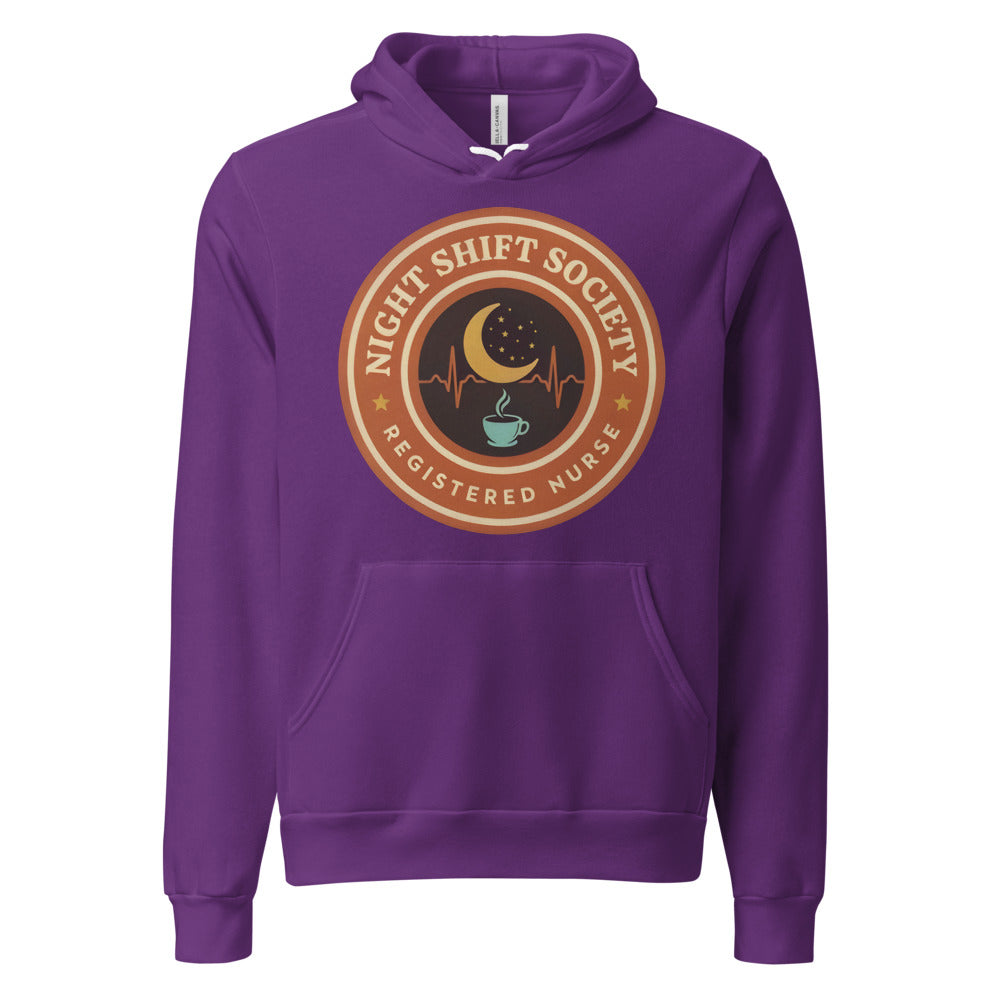 Night Shift Society retro registered nurse badge hoodie — Team Purple, front