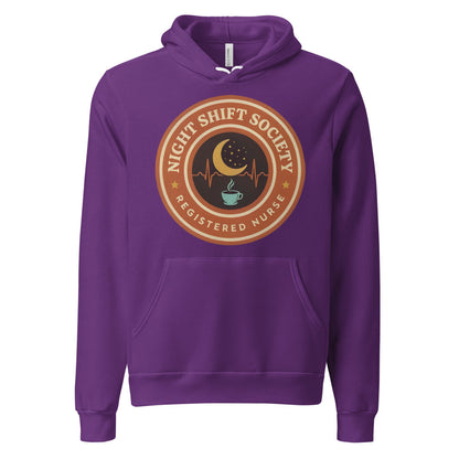Night Shift Society retro registered nurse badge hoodie — Team Purple, front