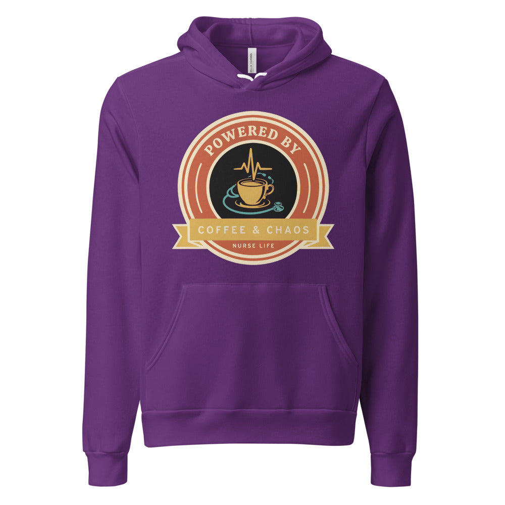 Powered by Coffee & Chaos retro nurse badge hoodie — Team Purple, front