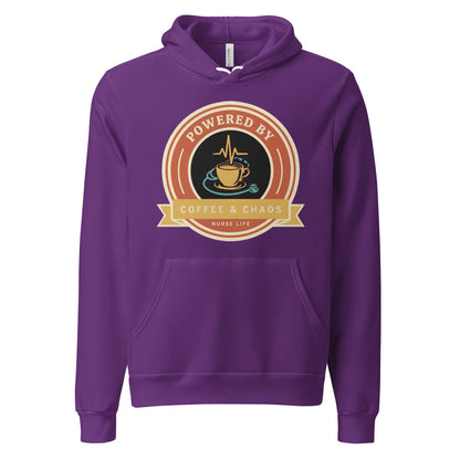 Powered by Coffee & Chaos retro nurse badge hoodie — Team Purple, front