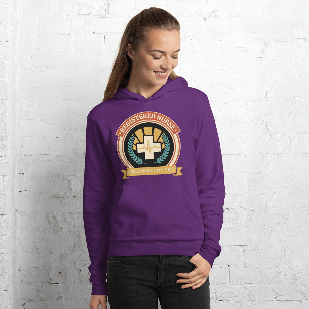 Registered Nurse vintage healthcare emblem badge hoodie — Team Purple, on model