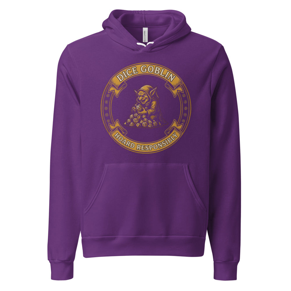 Dice Goblin Hoard Responsibly tabletop RPG hoodie — Team Purple, front