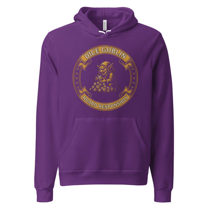 Dice Goblin Hoard Responsibly tabletop RPG hoodie — Team Purple, front