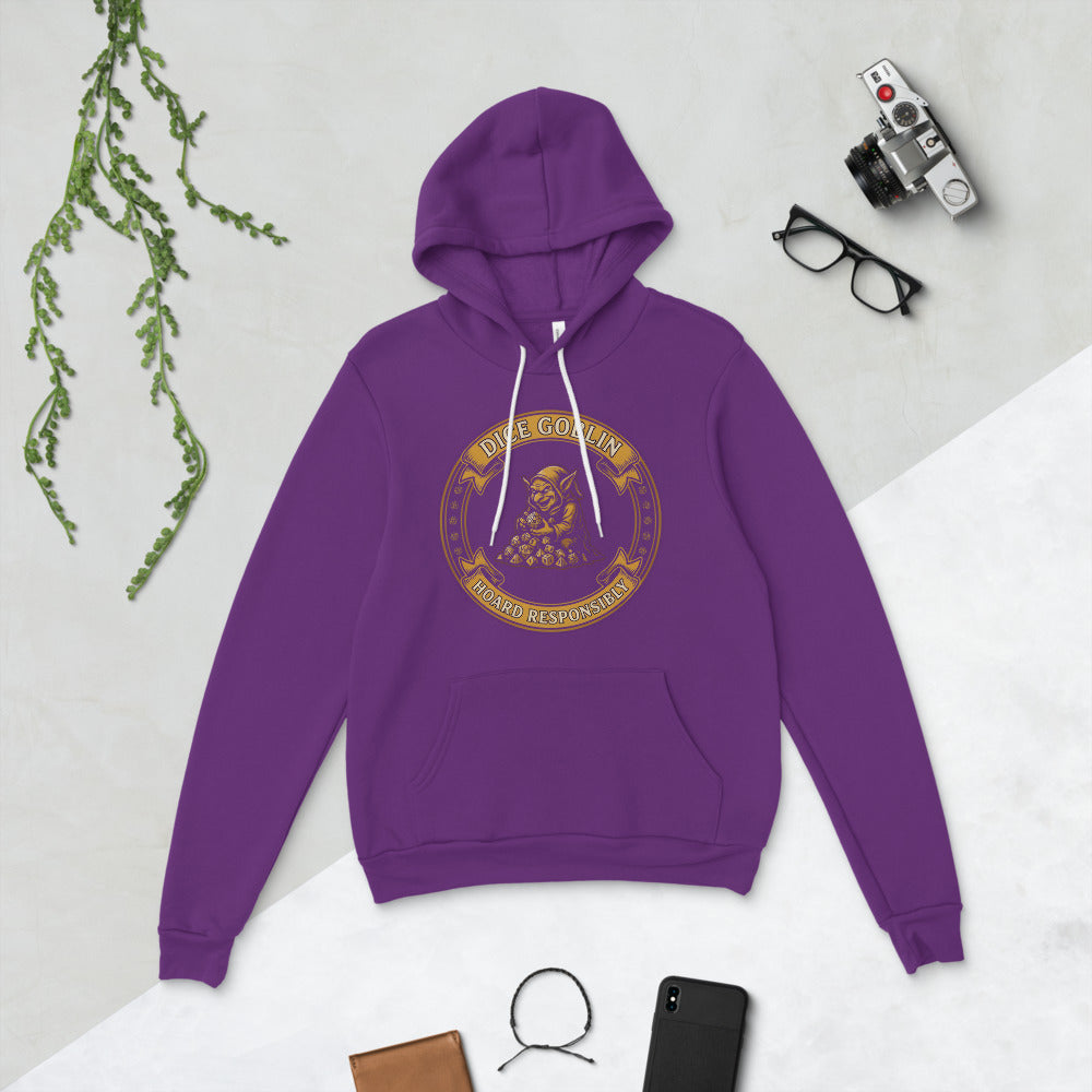 Dice Goblin Hoard Responsibly tabletop RPG hoodie — Team Purple, flat lay