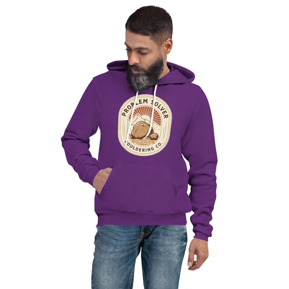 Problem Solver Bouldering Badge hoodie — Team Purple, on model