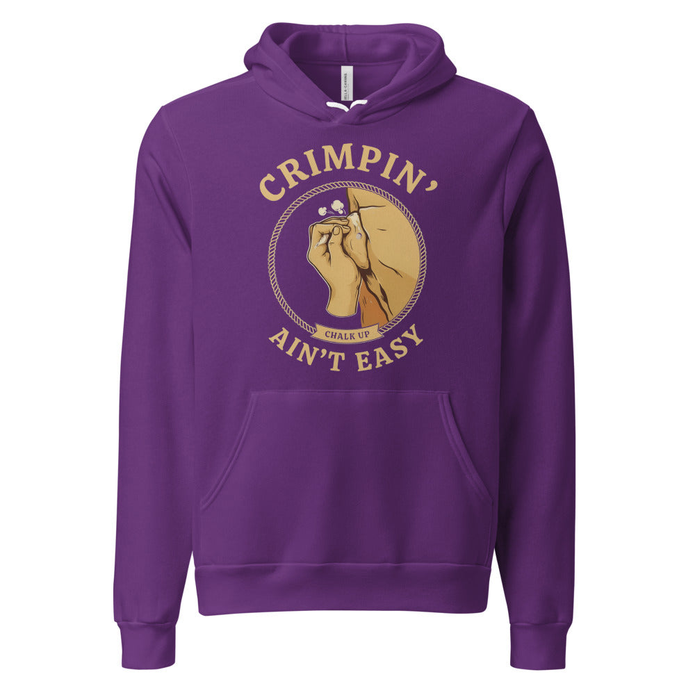 Crimpin' Ain't Easy bouldering badge hoodie — Team Purple, front