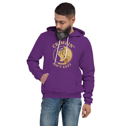 Crimpin' Ain't Easy bouldering badge hoodie — Team Purple, on model
