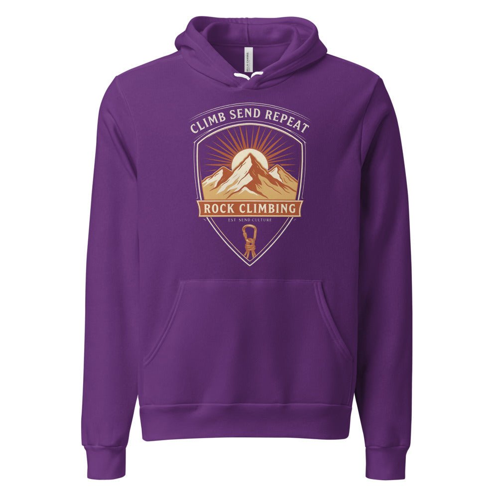 Climb Send Repeat mountaineering crest hoodie — Team Purple, front