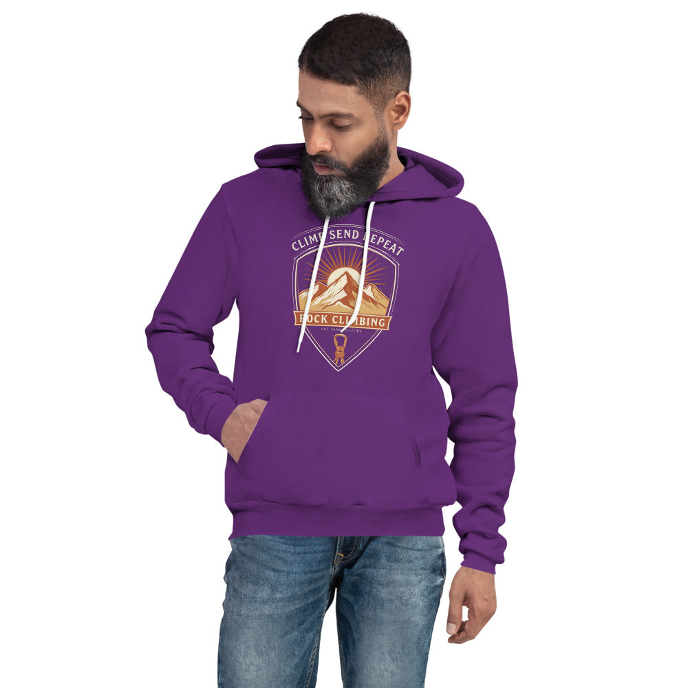 Climb Send Repeat mountaineering crest hoodie — Team Purple, on model