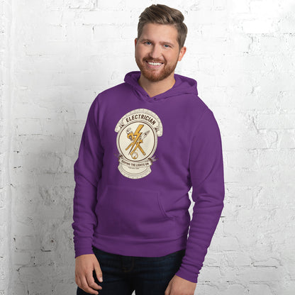 Electrician Journeyman trade crest hoodie — Team Purple, on model
