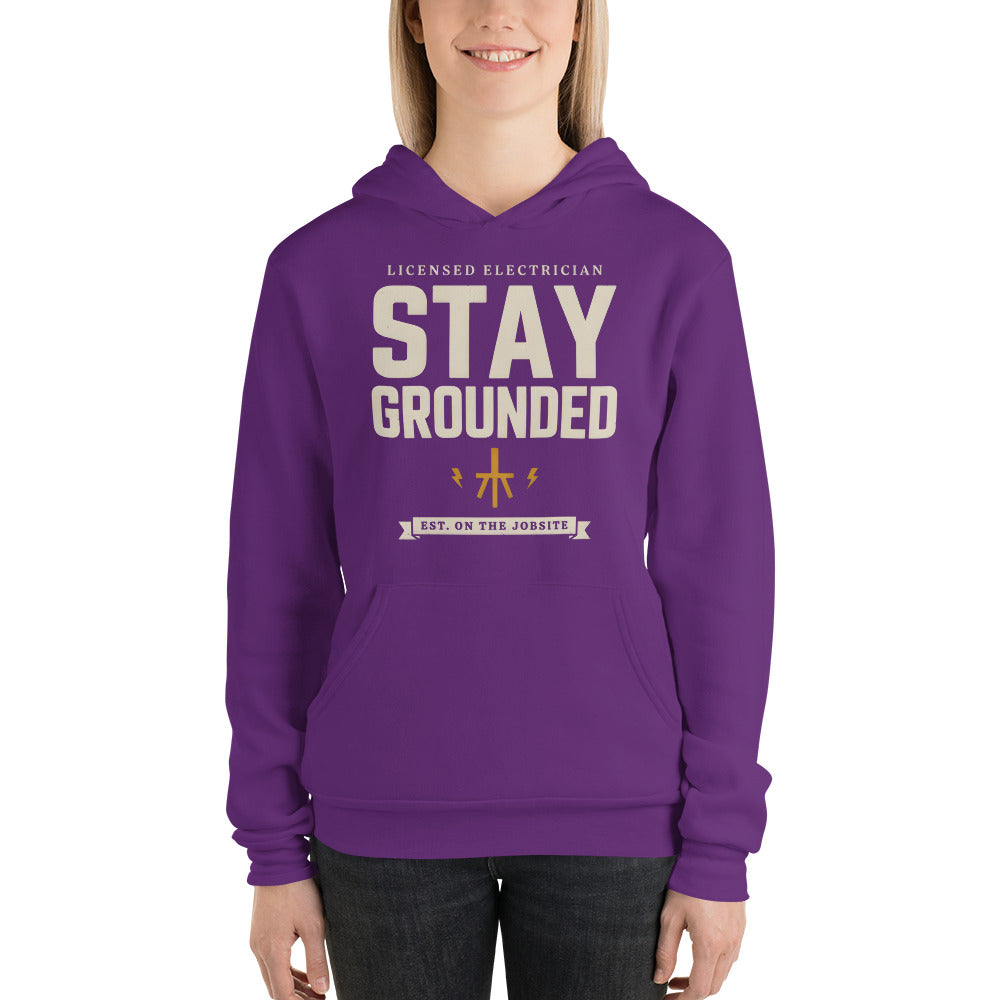 Stay Grounded funny electrician hoodie — Team Purple, on model