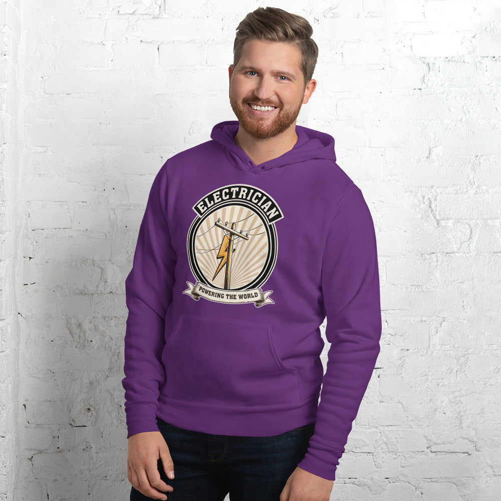 Powering The World electrician emblem hoodie — Team Purple, on model