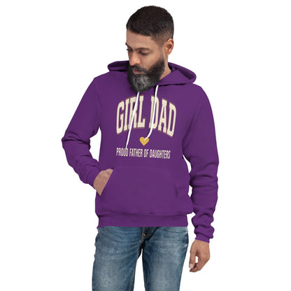 Girl Dad retro varsity hoodie — Team Purple, on model