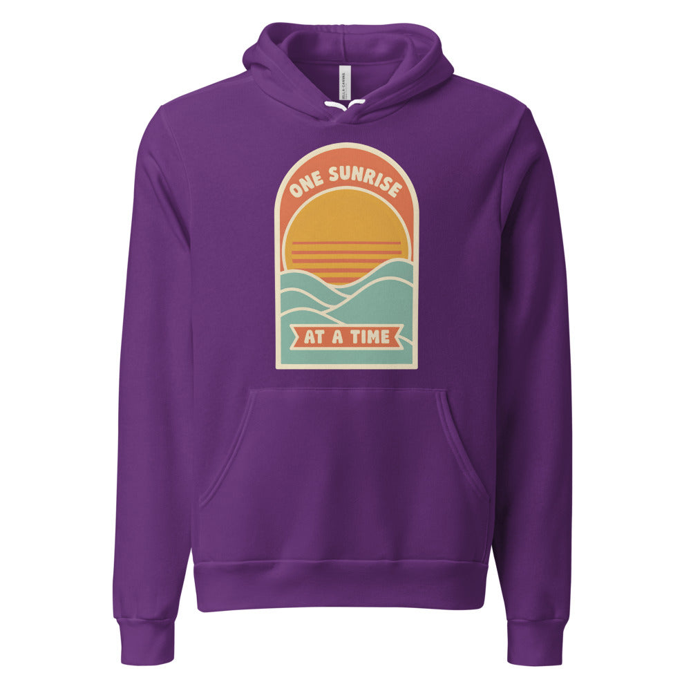 One Sunrise at a Time retro sunrise hoodie — Team Purple, front