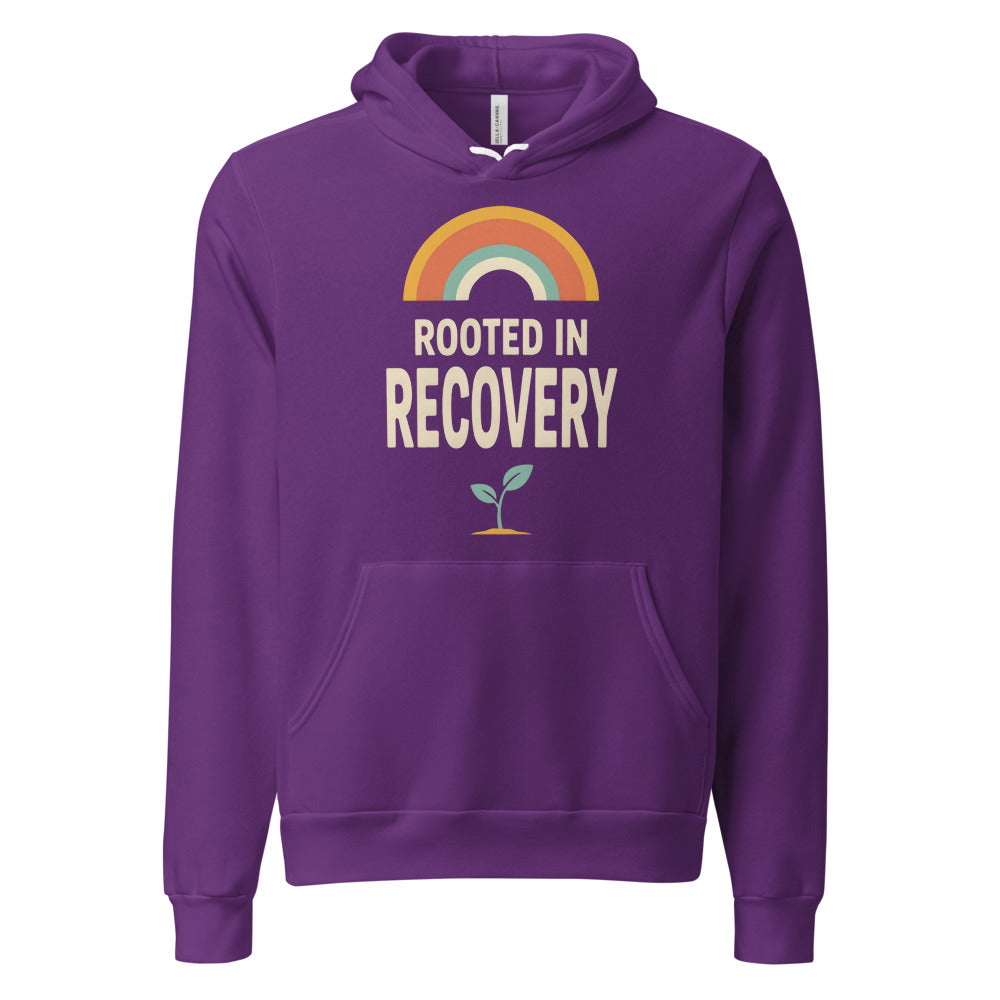 Rooted in Recovery retro rainbow hoodie — Team Purple, front