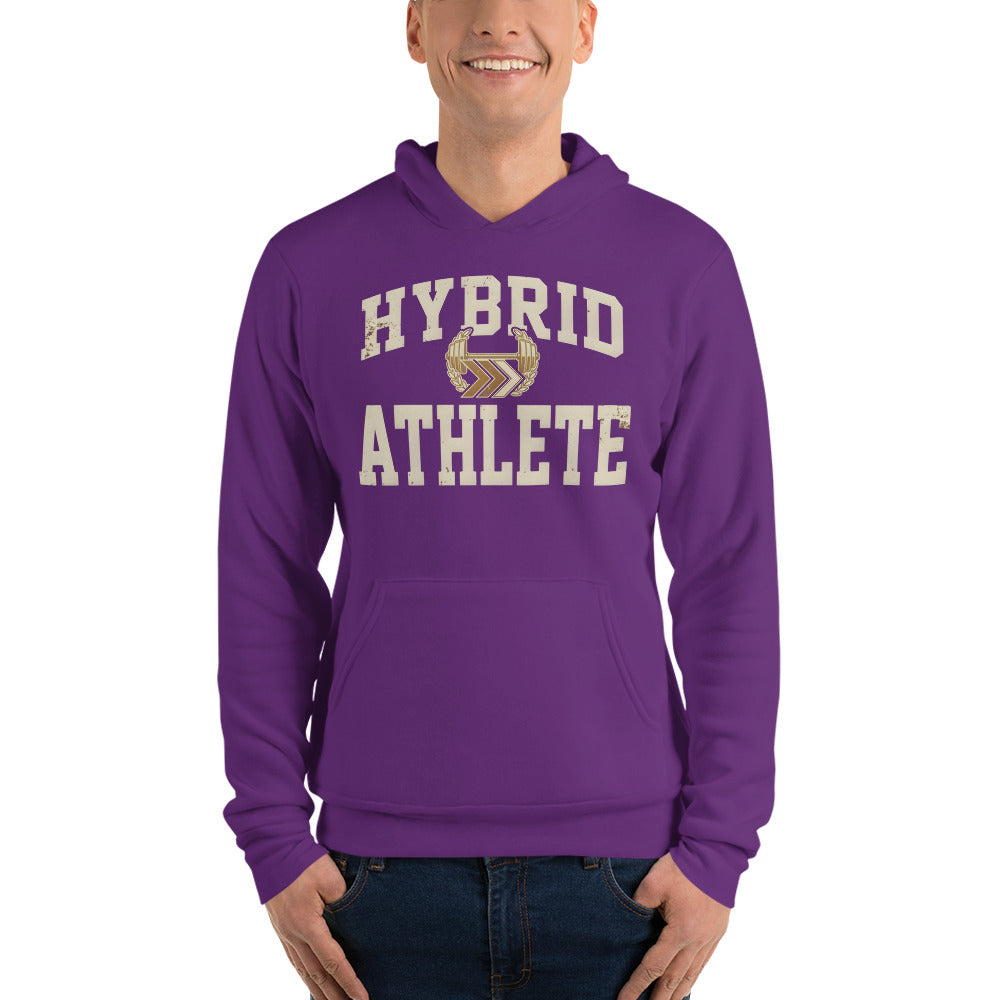 Hybrid Athlete vintage varsity hoodie — Team Purple, on model
